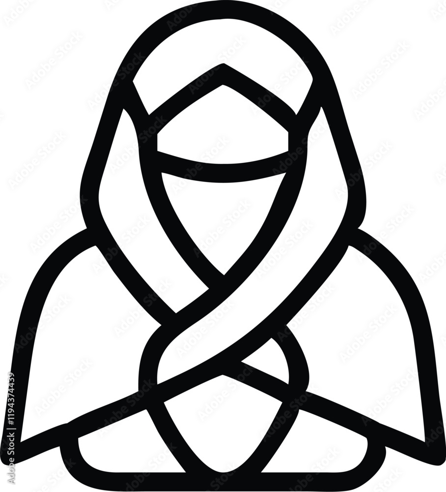 Black and white icon, minimalist line drawing, female figure, hijab ...