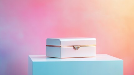 Wall Mural - Opened box with stylish jewelry on white table near color wall