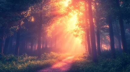 Wall Mural - Sunlight piercing through a forest creates a magical atmosphere in early morning