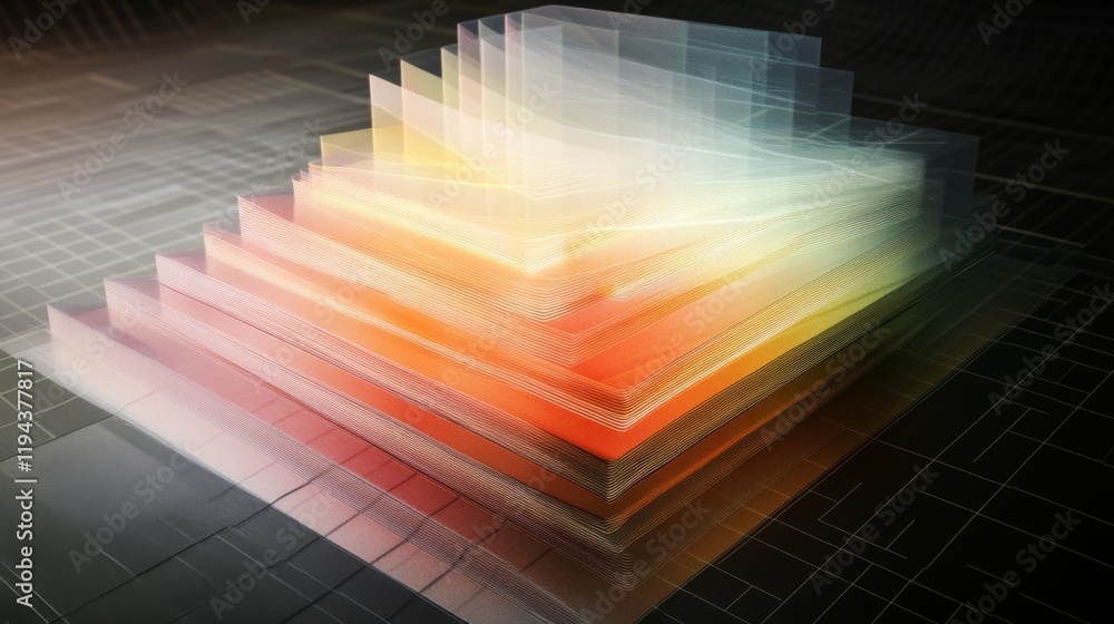 A D chart with multiple layers of transparent bars rising from a grid ...