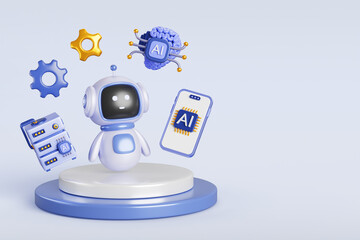 AI technology 3d banner. Chatbot robot on platform with mobile phone, data server, brain with chip icon, gears. Artificial intelligence in science and business, smart machine concept. 3D illustration