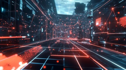 Fototapete - A futuristic D graph with interconnected nodes and lines, showcasing a network of data and relationships in a digital, high-tech environment.