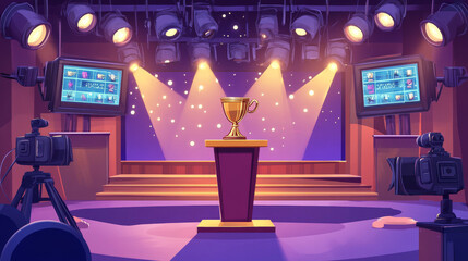 Quiz night show studio design. Vector cartoon illustration of television program stage with winner cup on podium, score on display, spotlight illumination, camera for live broadcast and recording