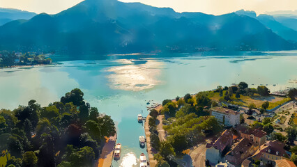 Wall Mural - Annecy, France. Watercolor illustration. Historical city center with the Thiou river. Annecy is a city in the Alps in southeastern France, Aerial View