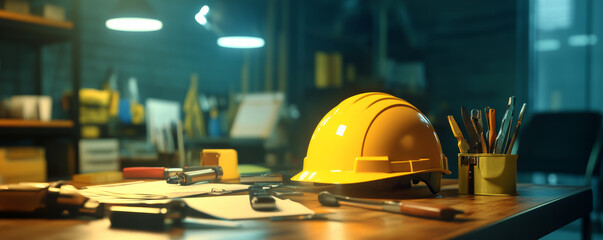 yellow safety helmet and various tools are arranged on polished desk, creating professional workspace atmosphere. scene conveys sense of readiness and organization