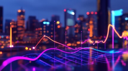 Poster - Close-up of a D line graph with rising curves, each axis highlighted in neon colors, representing trends and market data visualization in a high-tech style.