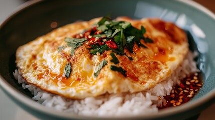 Aufkleber - Close-up of a classic Thai omelette served on white rice, with a drizzle of fish sauce and chili on the side, highlighting the texture and fluffiness of the egg.