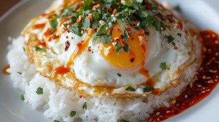 Aufkleber - Close-up of a classic Thai omelette served on white rice, with a drizzle of fish sauce and chili on the side, highlighting the texture and fluffiness of the egg.