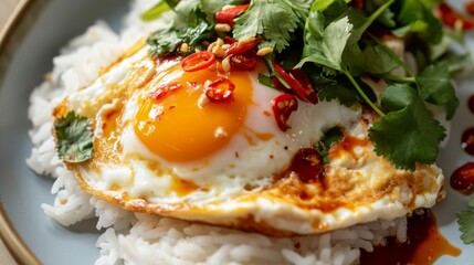 Aufkleber - Close-up of a classic Thai omelette served on white rice, with a drizzle of fish sauce and chili on the side, highlighting the texture and fluffiness of the egg.