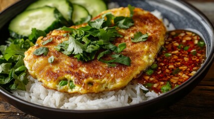 Aufkleber - Close-up of a crispy, fluffy Thai omelette resting on rice, served with a side of spicy sauce and fresh herbs, highlighting the texture and rich flavor.