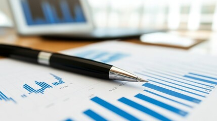 Poster - Close-up of a financial graph with a focus on positive growth trends and key performance indicators, set against a backdrop of a bustling business environment.