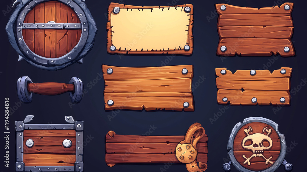 Pirate adventure game ui elements isolated on background. Vector ...