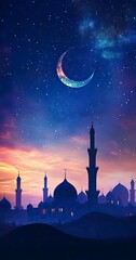 Poster - A digital illustration of an Islamic background featuring the crescent moon and silhouettes of domes against a starry sky, . 