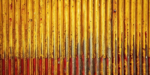 Poster - Rusty corrugated metal sheet with faded yellow and red paint