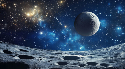 Alien planet surface with craters on background of dark blue cosmos sky with space bodies. Cartoon vector illustration of cosmic landscape. Fantasy universe object scenery for exploration concept.