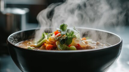 Sticker - Detailed shot of a bowl of hot soup with a vibrant, rich color and steam rising, highlighting its delicious ingredients and inviting presentation on a white backdrop.