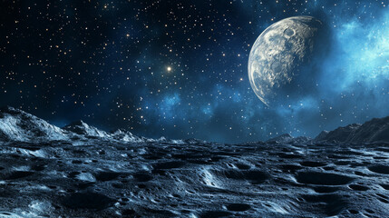 Alien planet surface with craters on background of dark blue cosmos sky with space bodies. Cartoon vector illustration of cosmic landscape. Fantasy universe object scenery for exploration concept.