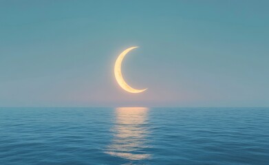Wall Mural - A glowing crescent moon circles on the horizon with an ocean in front of it, ethereal and dreamy,