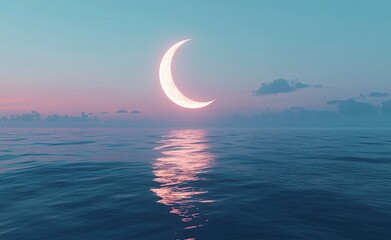 Wall Mural - A glowing crescent moon circles on the horizon with an ocean in front of it, ethereal and dreamy,