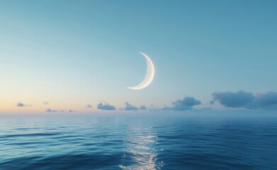 Wall Mural - A glowing crescent moon circles on the horizon with an ocean in front of it, ethereal and dreamy,