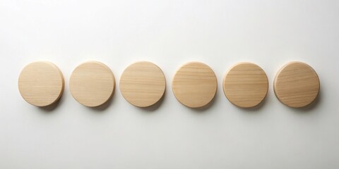 Aufkleber - Six Smooth Wooden Discs Arranged in a Row on a White Background