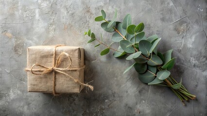 Poster - A thoughtfully wrapped gift beside a sprig of eucalyptus leaves on a textured surface