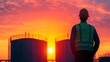 © Tanongsak idea photo - A worker in safety gear observes a vibrant sunset behind industrial tanks, symbolizing the intersection of industry and nature.