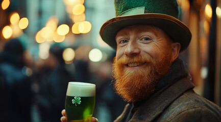 A man with a ginger beard wearing a leprechaun hat, holding a green beer, in a St. Patrick's Day celebration on the streets  in city