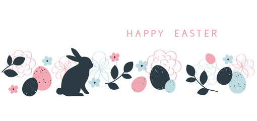 Aufkleber - Happy Easter design template. Holiday white background with Easter Bunny on horizontal ornament with color eggs, abstract spring flowers and leaves. Vector stock illustration
