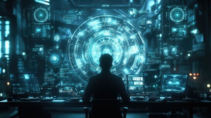 Cybersecurity Analyst at Work:  A Futuristic Digital Dashboard