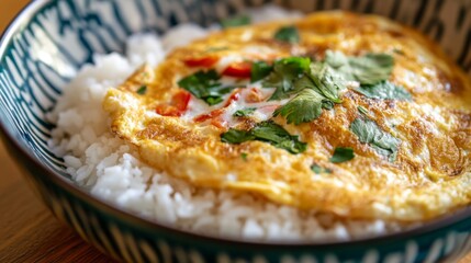 Aufkleber - Macro shot of a Thai omelette on rice, focusing on the delicate, crispy edges of the omelette and the fluffy white rice underneath.