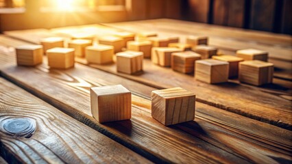 Aufkleber - Wooden Cubes on Rustic Table  A Conceptual Image of Problem Solving and Strategy