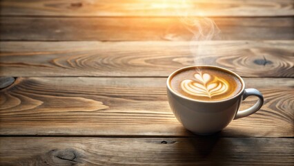 Poster - Aromatic Steaming Latte Art in a White Cup on Rustic Wooden Table