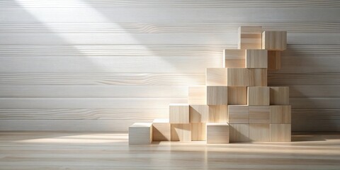 Aufkleber - Wooden blocks arranged in ascending order against a light wood background