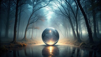 Poster - Enigmatic Orb Reflecting in a Misty Forest Stream