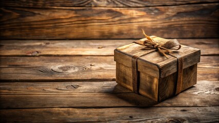 Poster - Rustic Wooden Gift Box with a Natural Fiber Bow on Weathered Planks