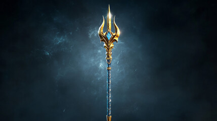 Magic staff icon. Devil trident and spear cartoon fantasy ui set. Gold mythology pitchfork for demon illustration. Magician blue neptune weapon with arrow isolated. Warlock lance for game interface