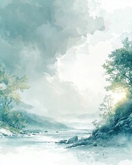 Wall Mural - World meteorological day concept, Serene River Landscape with Misty Mountains and Lush Green Trees in a Calm Atmosphere