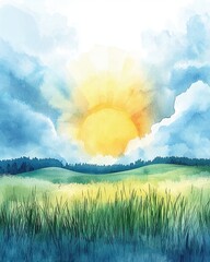 Wall Mural - world meteorological day concept, vibrant sunrise over rolling green hills with blue sky and fluffy 
