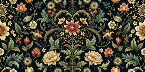 Poster - Ornate Floral Design A Dark Background Seamless Pattern of Intricate Botanical Artwork