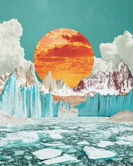 Wall Mural - World meteorological day concept, Vibrant Surreal Landscape with Glaciers, Mountains, and Bold Orange Sun Over Iceberg Water