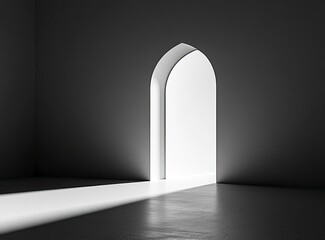 Sticker - Abstract black and white background with light coming from an open door in the shape of an Islamic arch, symbolizing hope or determination. White background, with copy space concept. 