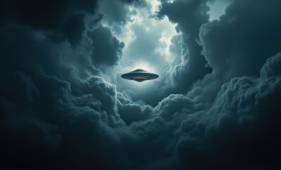 Wall Mural - Mysterious UFO hovering in dark clouds