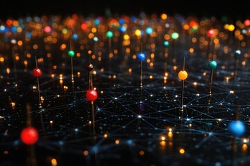 Wall Mural - abstract network of colorful pins on a reflective surface representing global connectivity and commu