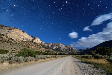 Wall Mural - starry night road trip majestic mountain landscape under a brilliant night sky