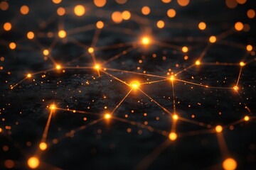 Wall Mural - abstract network of glowing orange nodes and lines on dark background representing technology and co