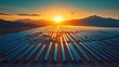 © izzuddin - Expansive Solar Panel Farm Under Vibrant Sunset with Mountain Backdrop, Showcasing Renewable Energy Solutions and Sustainable Technology in Rural Landscape