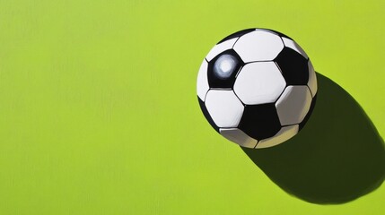 A black-and-white soccer ball centered on a bright green background, exuding a fresh and energetic sports vibe