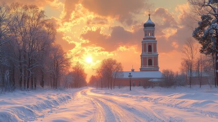 Wall Mural - Winter sunset church road snow landscape; peaceful scene