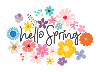 Wall Mural - hello spring greeting text clipart design. spring flower bouquet in colorful watercolor drawing for 